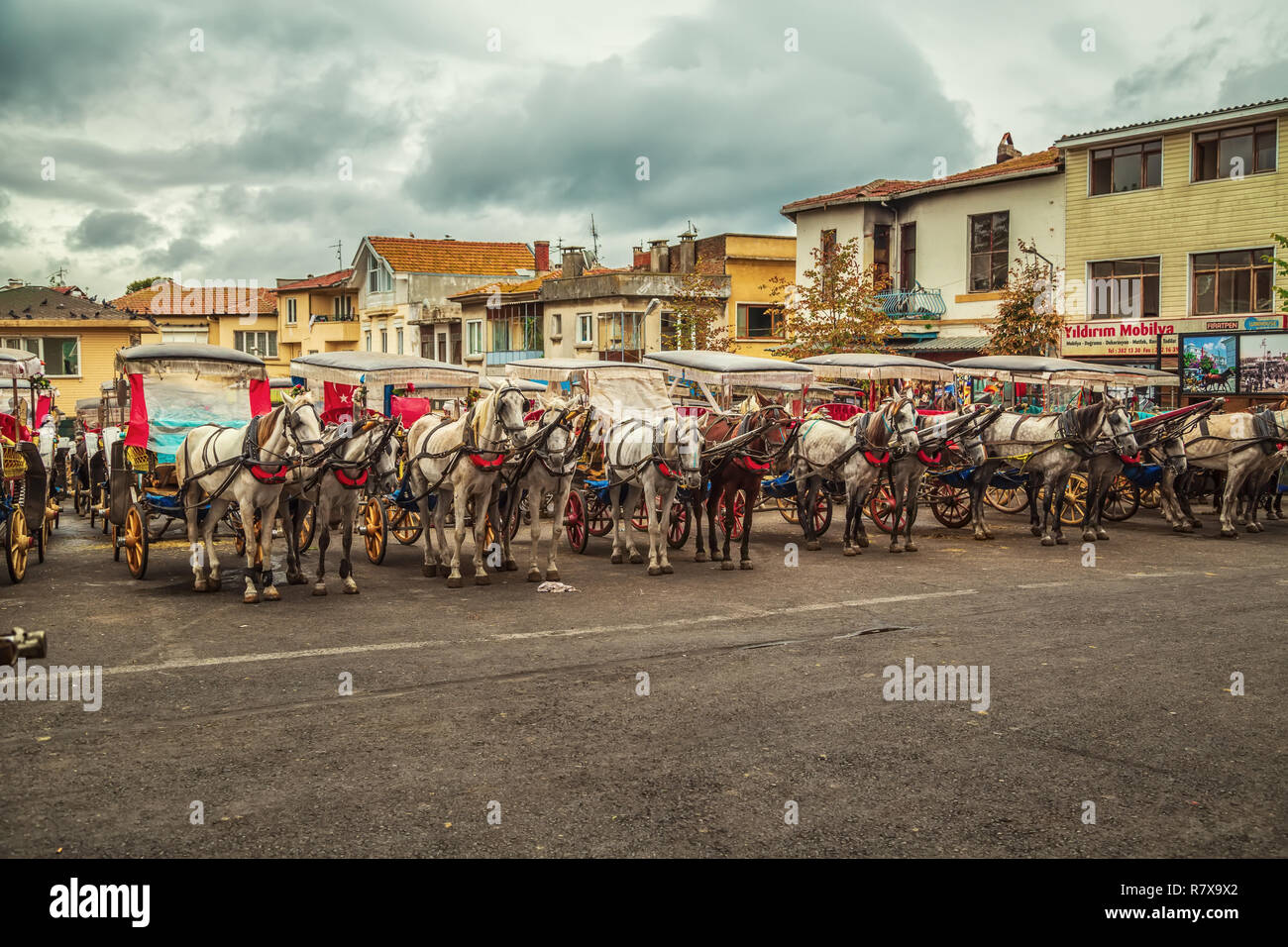 Horse carts on the streets of the island Buyukada. Adalar Islands