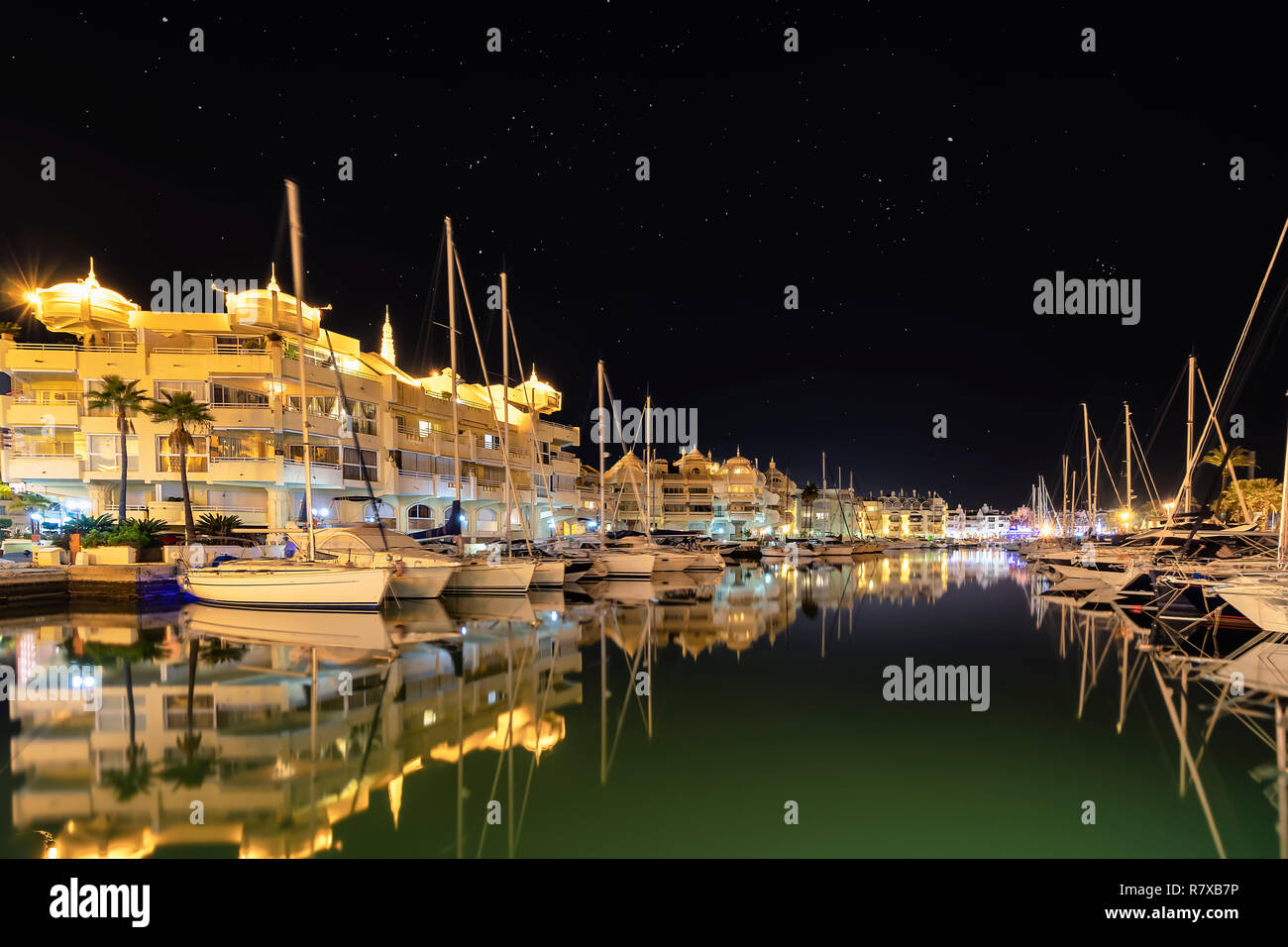 Benalmadena mediterranean port village. Yacht harbor, marina pier and
