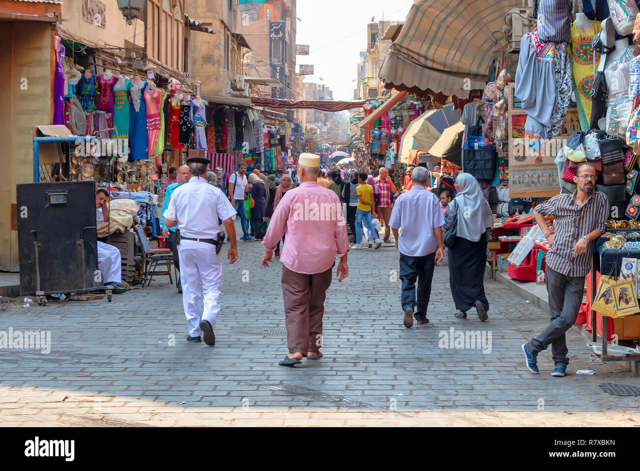 Cairo, Egypt - September 16, 2018: Walking by Khan el-Khalili, the major souk in the historic center of Islamic Cairo. The bazaar is one of Cairo's ma Stock Photo