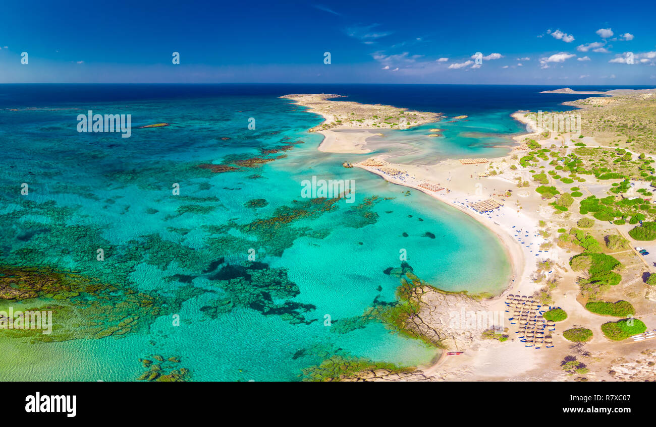 Aerial view of Elafonissi beach on Crete island with azure clear water, Greece, Europe. Crete is the largest and most populous of the Greek islands. Stock Photo