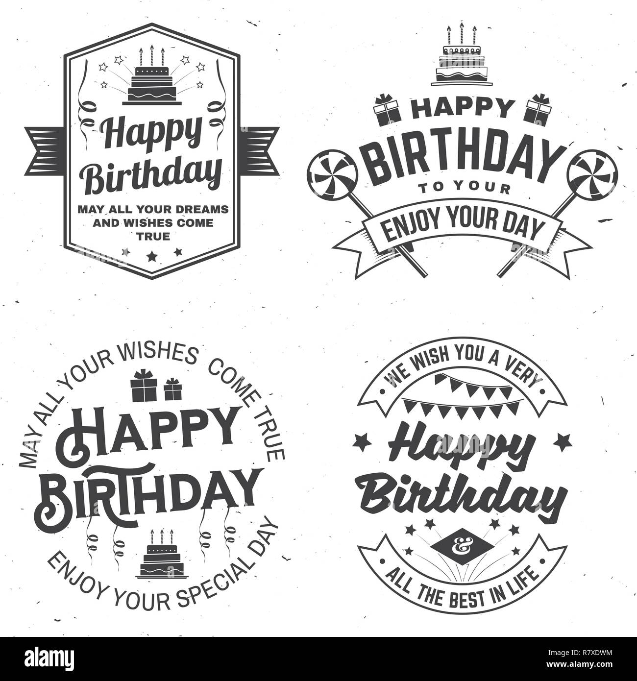 Set of Happy Birthday templates for overlay, badge, sticker, card with bunch of balloons, gifts, serpentine, hat and birthday cake with candles. Vector. Vintage design for birthday celebration Stock Vector