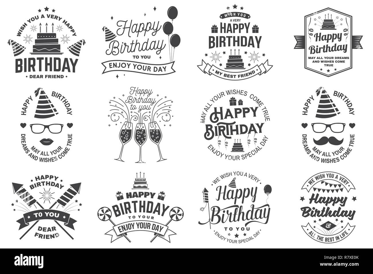 Set of Happy Birthday templates for overlay, badge, sticker, card with bunch of balloons, gifts, firework rockets and birthday cake with candles. Vector. Vintage design for birthday celebration Stock Vector