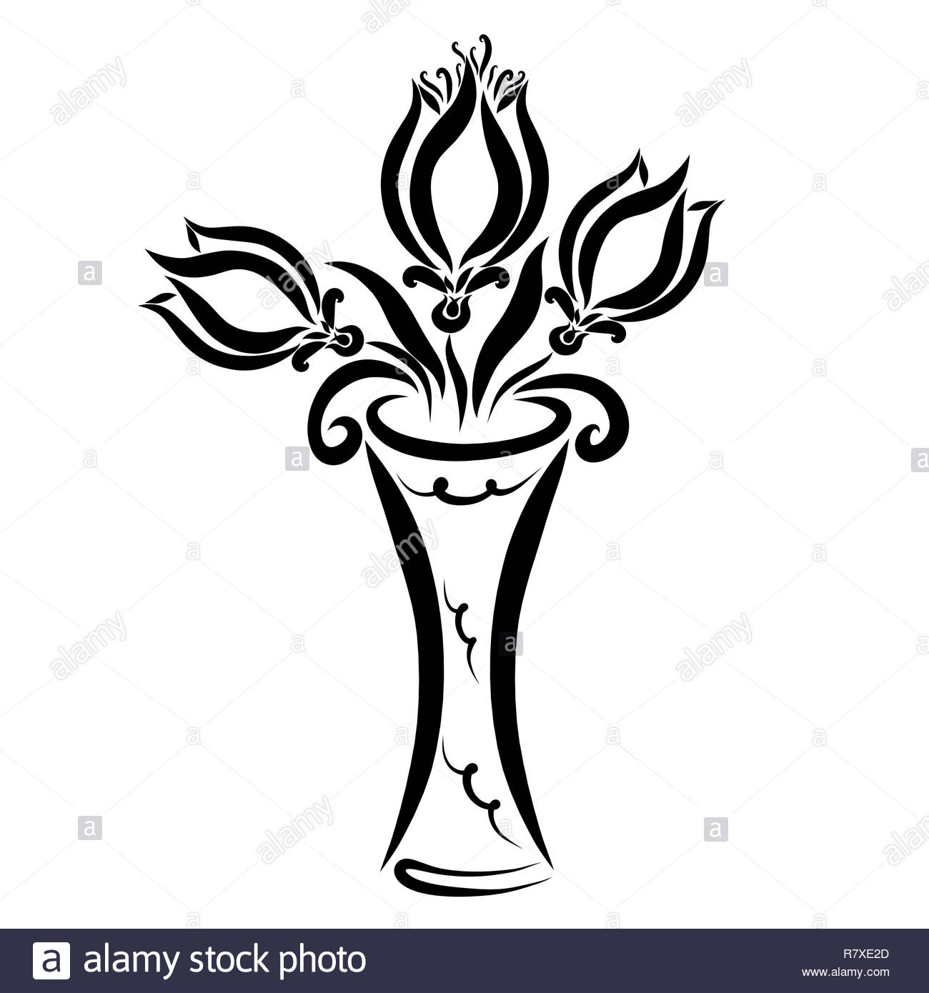 Three Flowers In A High Vase Black Outline Stock Photo 228619173