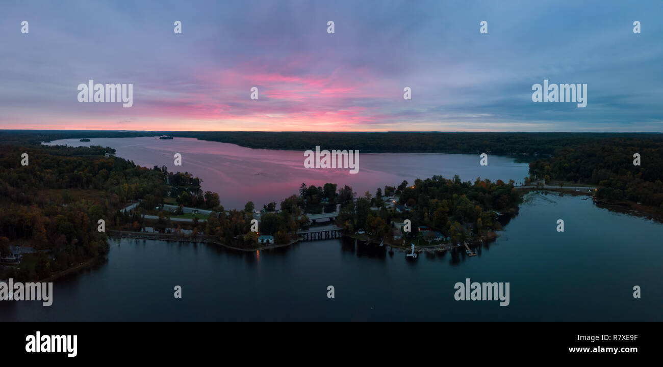 Aerial Panoramic view of Moira Lake during a striking and colorful
