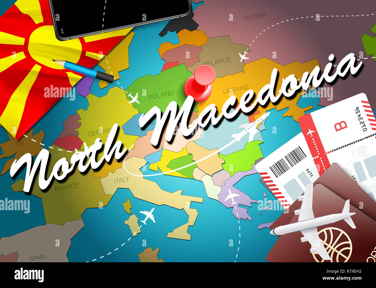 North Macedonia travel concept map background with planes, tickets