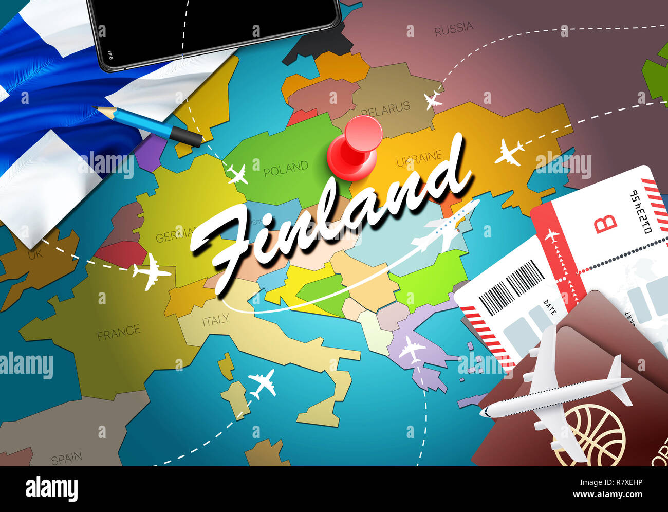 Finland Destination Code Finland travel concept map background with planes, tickets. Visit ...