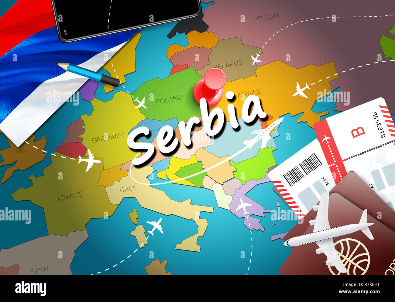 Serbia travel concept map background with planes,tickets. Visit Serbia travel and tourism destination concept. Serbia flag on map. Planes and flights  Stock Photo