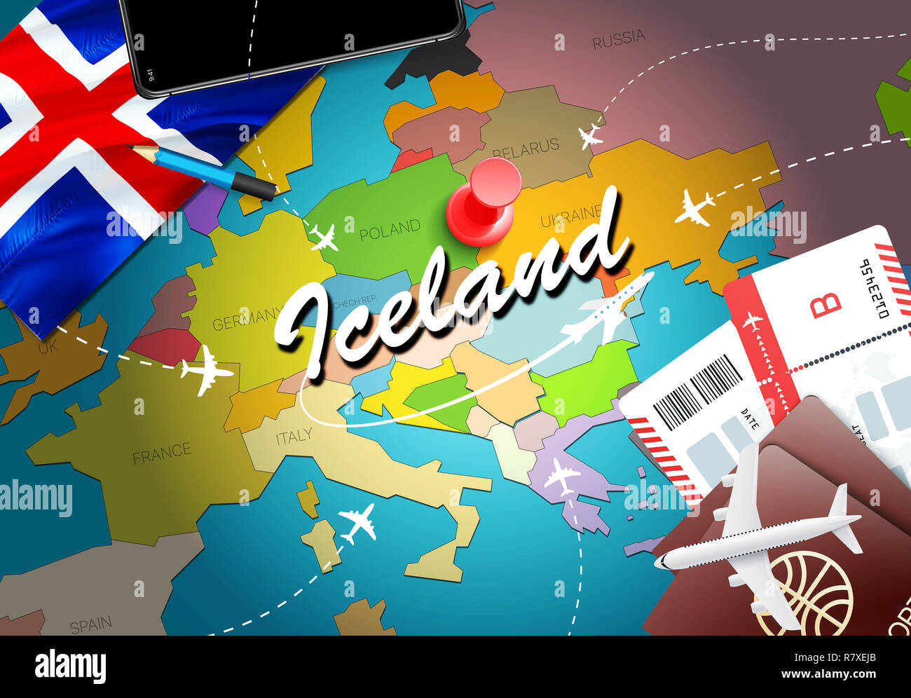 Iceland travel concept map background with planes, tickets. Visit ...