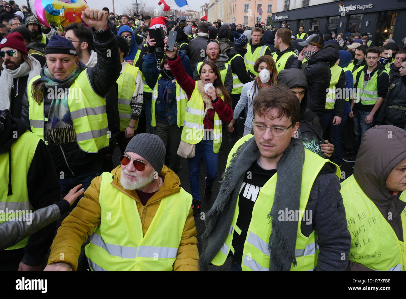 'Yellow Jackets' protesters face Riot Police forces, Lyon, France Stock Photo