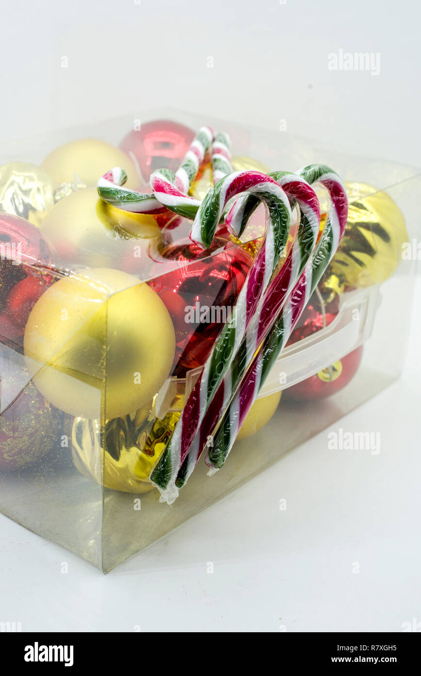 box with decorative Christmas balls and candy canes Stock Photo - Alamy