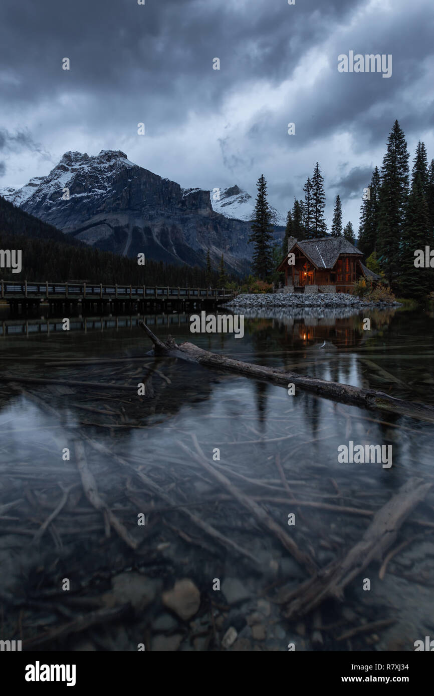 Beautiful View Of A Cabin Near A Glacier Lake With Canadian Rocky