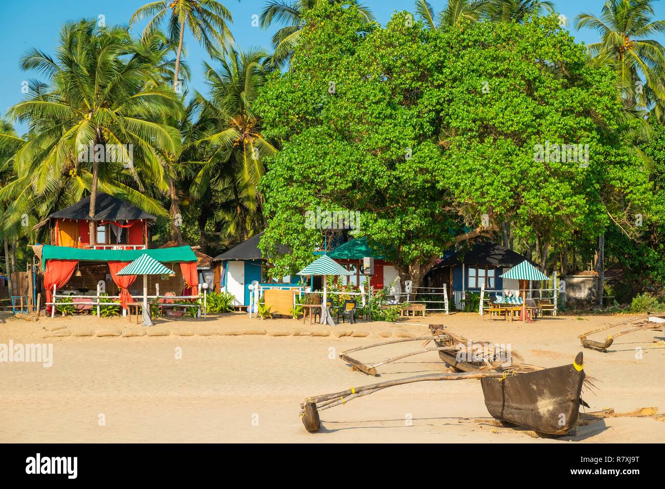 India, Goa, Agonda beach, bungalows along the beach Stock Photo