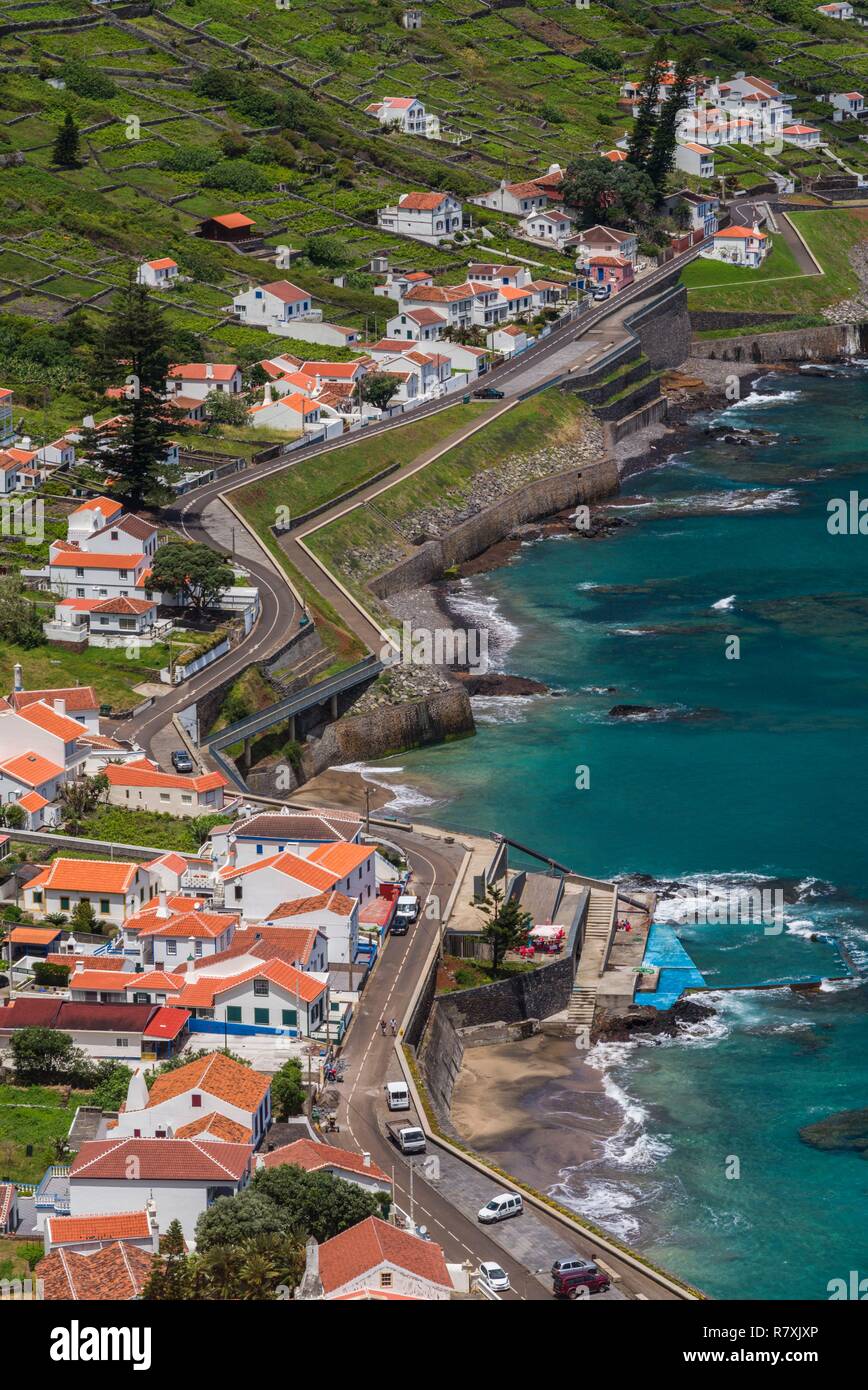 Portugal, Azores, Santa Maria Island, Sao Lourenco, elevated town view with the Baia do Sao Lourenco bay Stock Photo