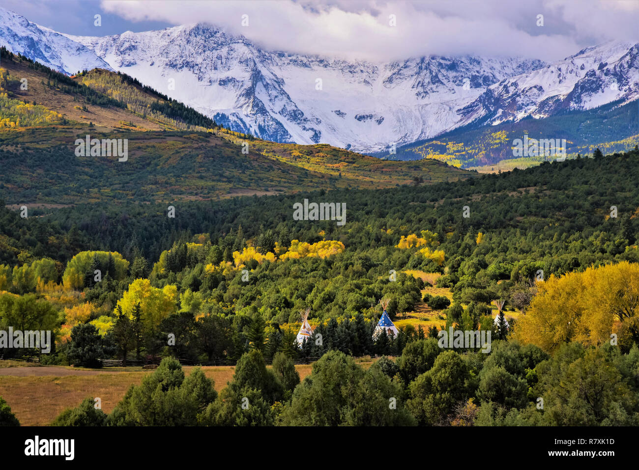 Mountain valley scenic with San Juan Mtns. in background. Stock Photo