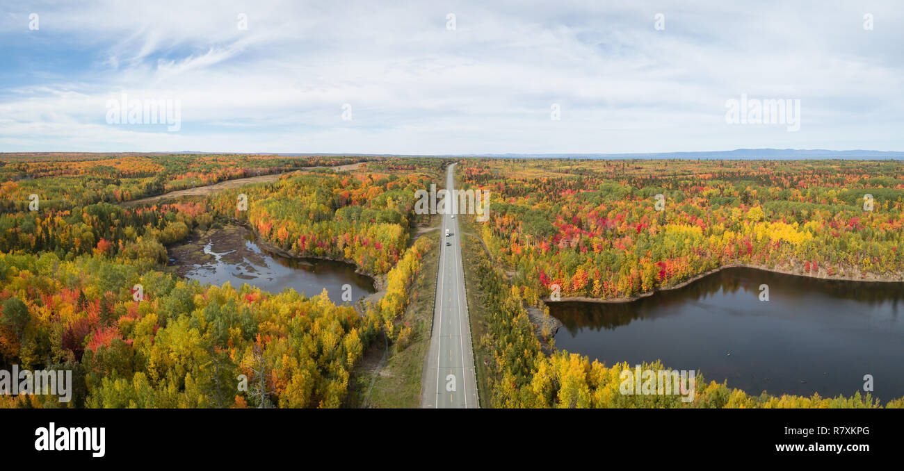 Aerial panoramic view of highway in a beautiful Canadian Landscape