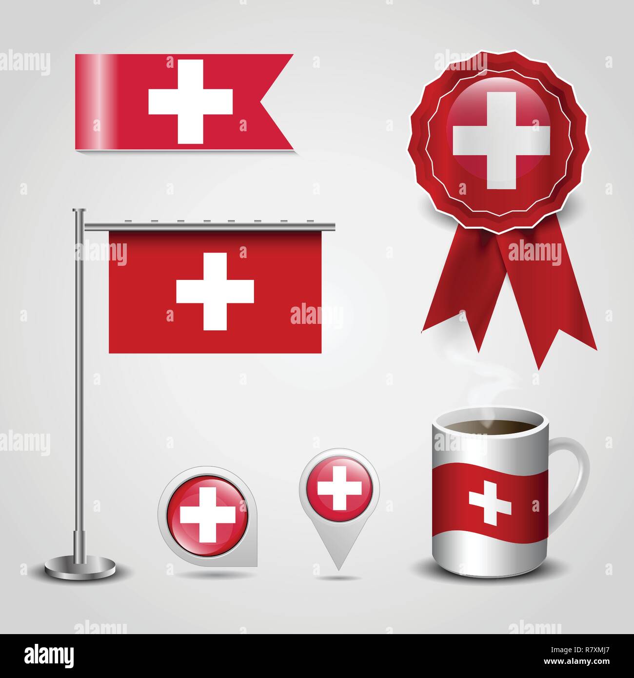 Switzerland Country Flag Place On Map Pin Steel Pole And Ribbon