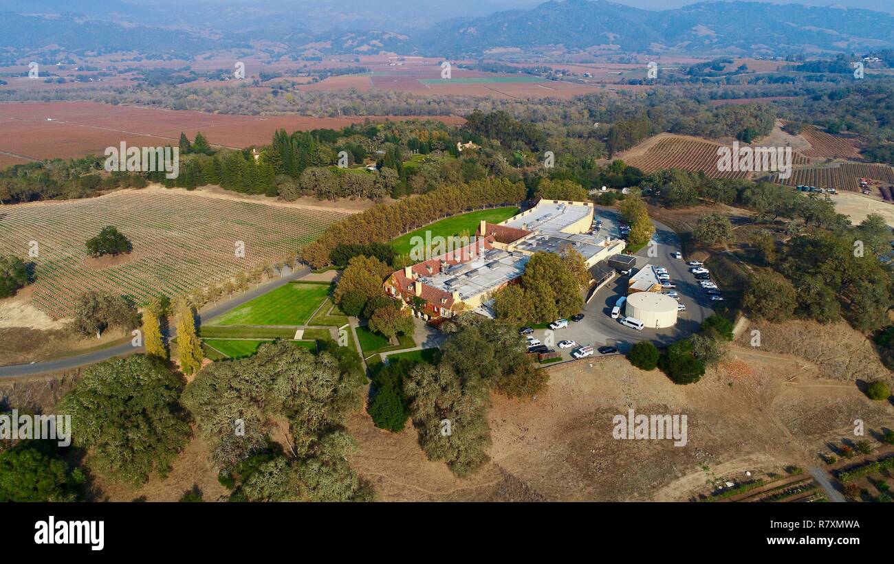Aerial photo of Jordan Winery with rolling Sonoma County countryside