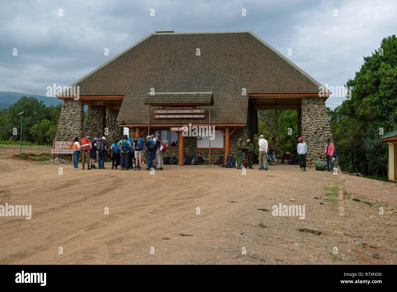 Hikers at the Sirmon Gate, Mount Kenya Stock Photo