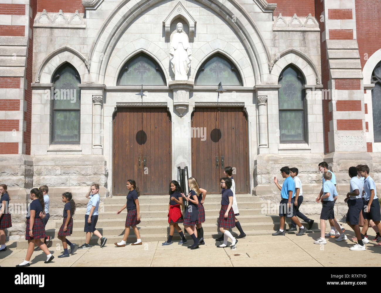 Primary school children and scenes at a religious Catholic school in the Chicago area in 2018. Stock Photo