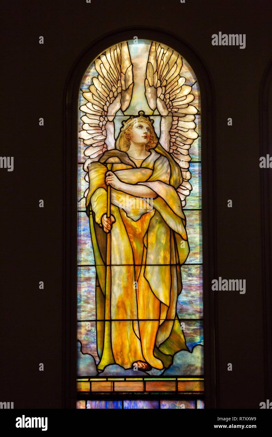 Canada, Quebec province, Montreal, Religious Heritage, Erskine and American United Church was a Presbyterian Temple and is now part of the Museum of Fine Arts, it hosts a theater, stained glass by Louis Comfort Tiffany Stock Photo