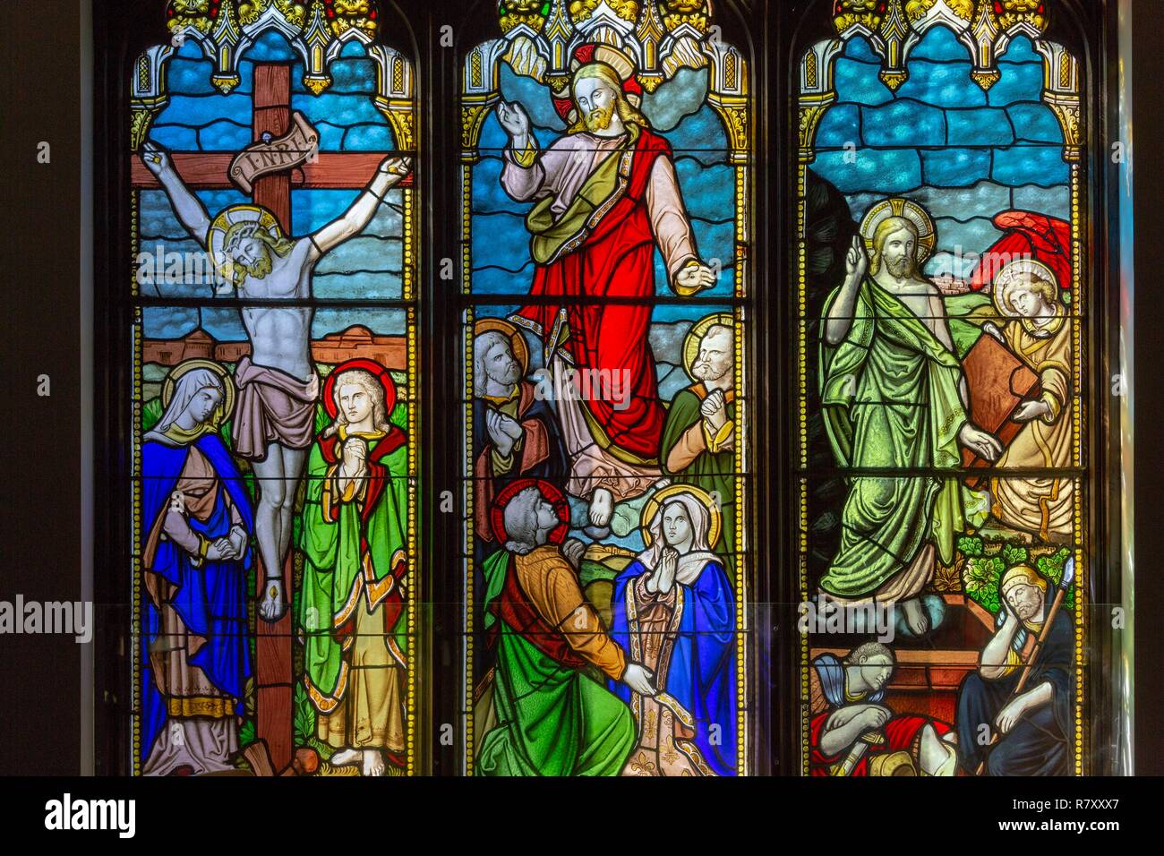Canada, Quebec province, Montreal, Religious Heritage, Mordecai-Richler Library named after the famous writer installed in the old church Church of the Ascension, stained glass Stock Photo