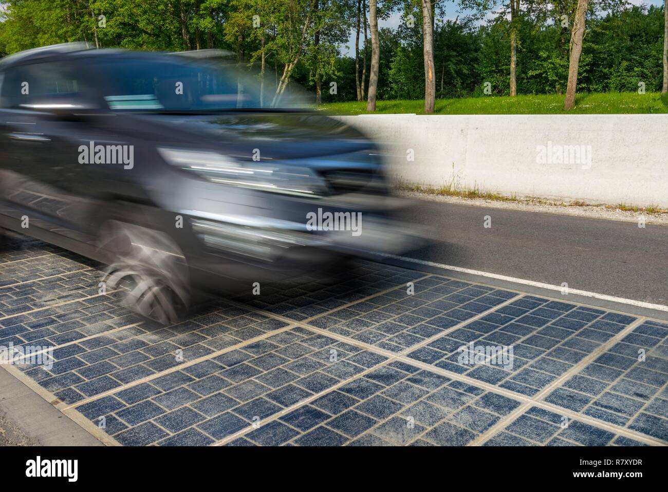 France, Orne, Tourouvre, solar road, one kilometer road, equipped with photovoltaic cells, producing an average of 409 kWh per day Stock Photo
