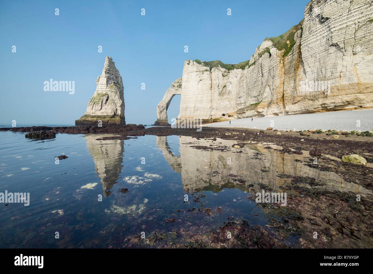 France, Seine-Maritime, Etretat, arch of Aval cliff and L'Aiguille at ...