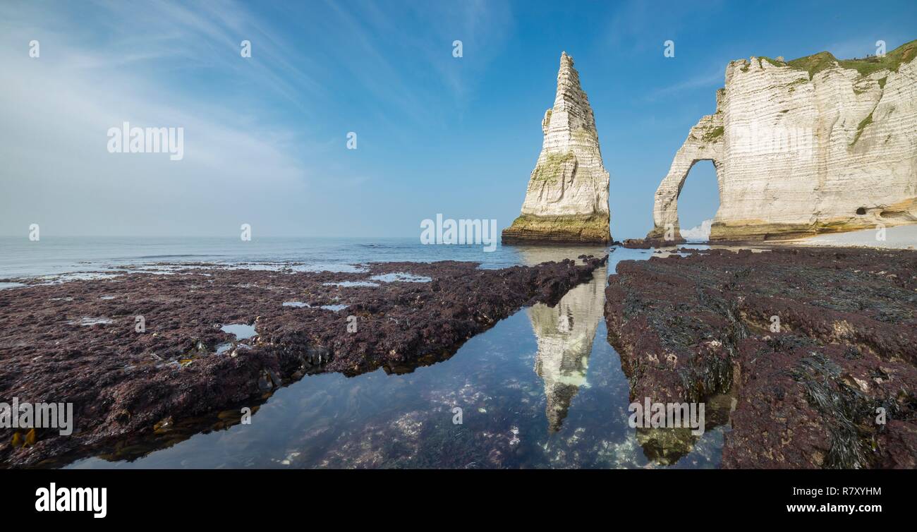 France, Seine-Maritime, Etretat, arch of Aval cliff and L'Aiguille at ...