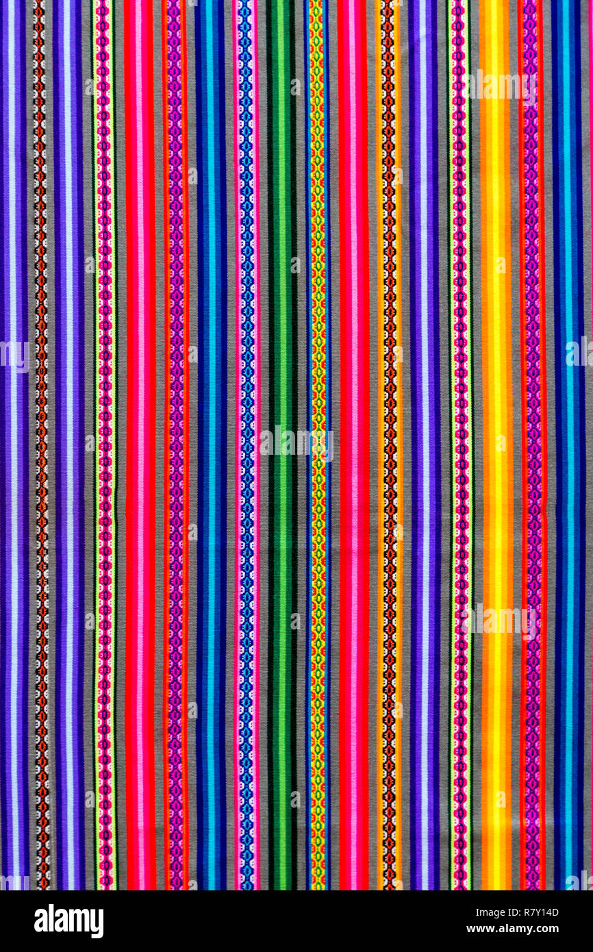 Closeup of traditional Peruvian textile with colourful pattern, Cusco