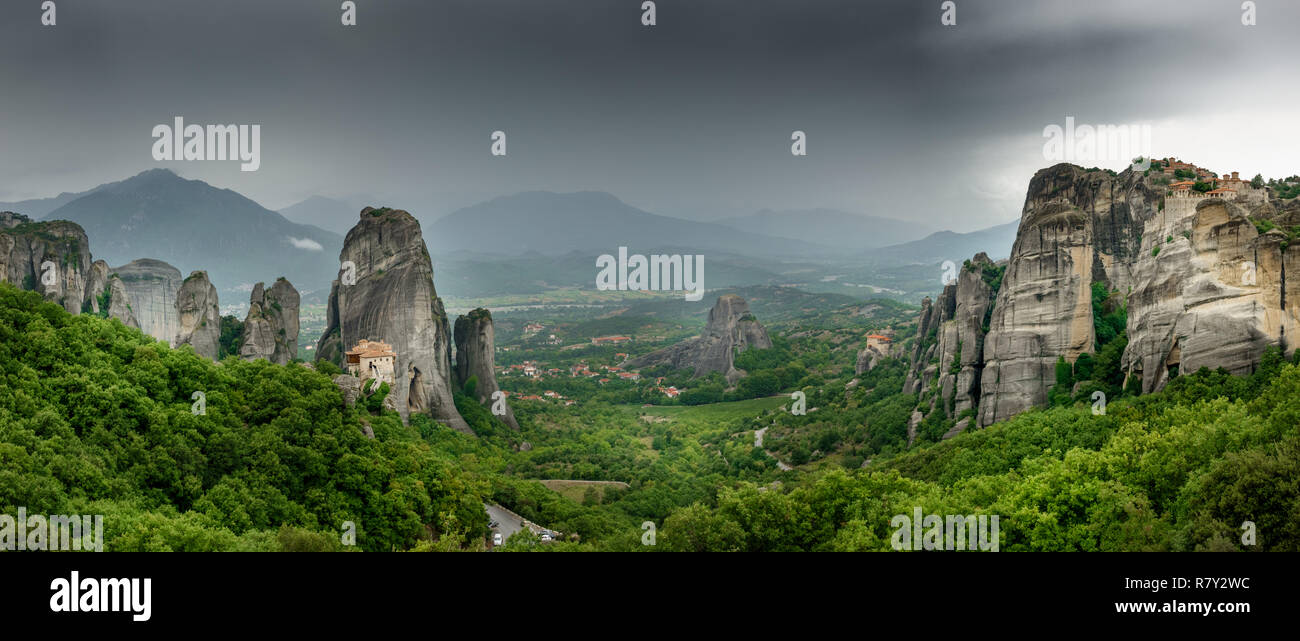 Panoramic view of the Meteora cliff Stock Photo
