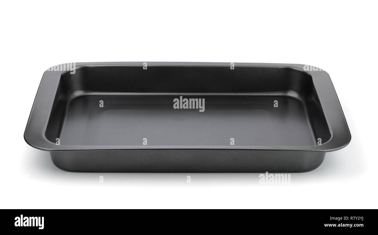 Front view of  black nonstick metal baking tray  isolated on white Stock Photo