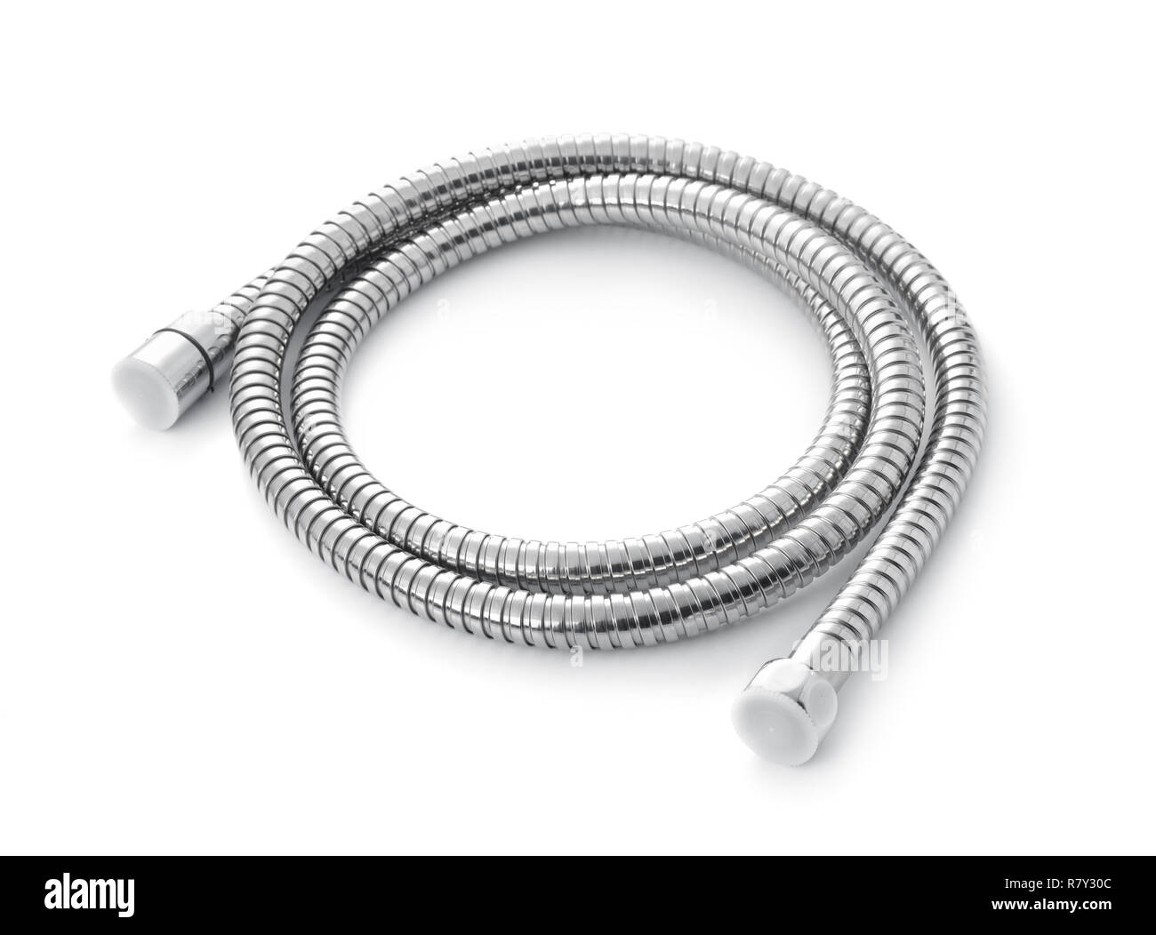 Stainless steel water shower flexible hose isolated on white Stock Photo