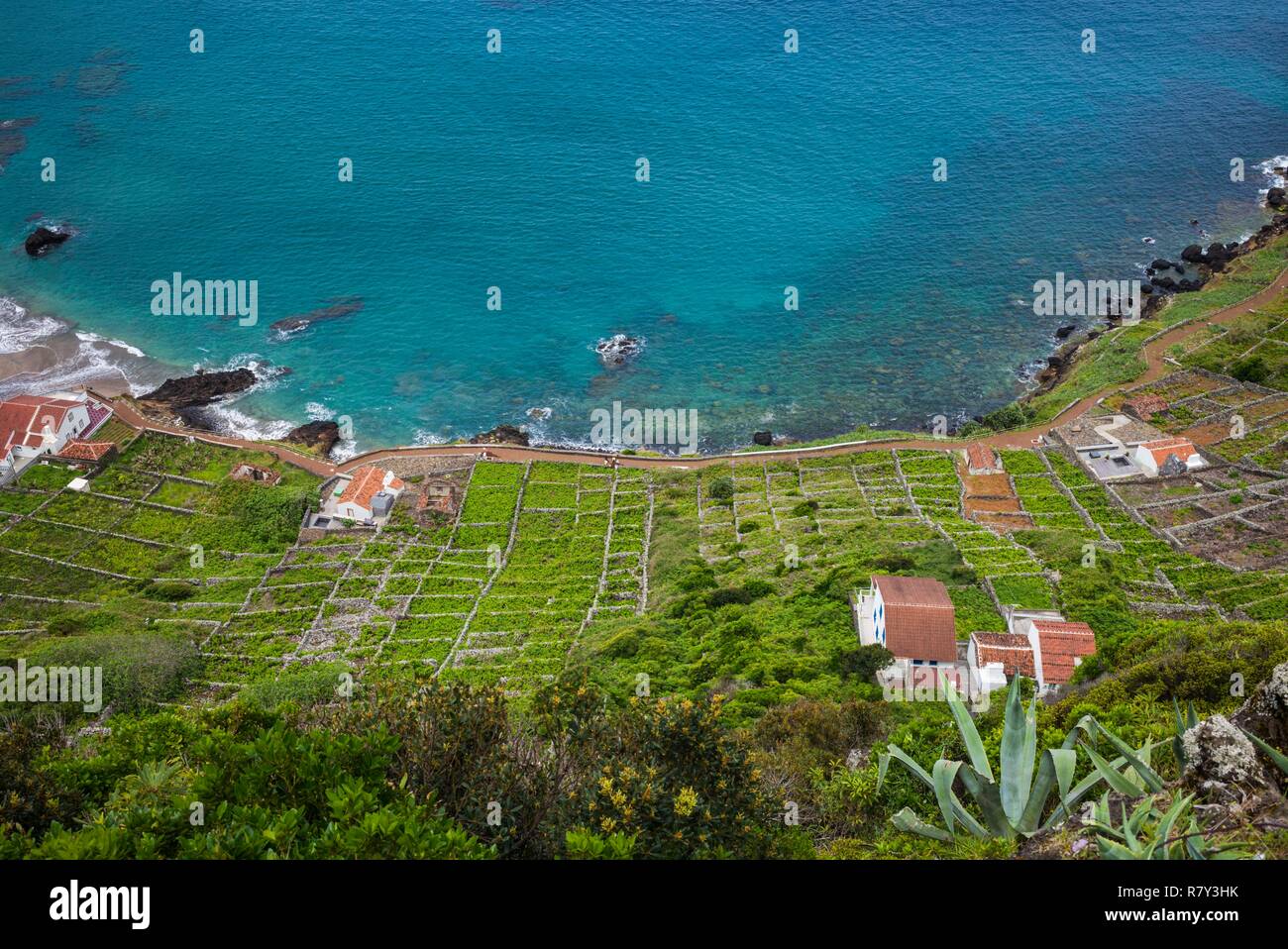 Portugal, Azores, Santa Maria Island, Sao Lourenco, elevated view of Baia do Sao Lourenco bay Stock Photo