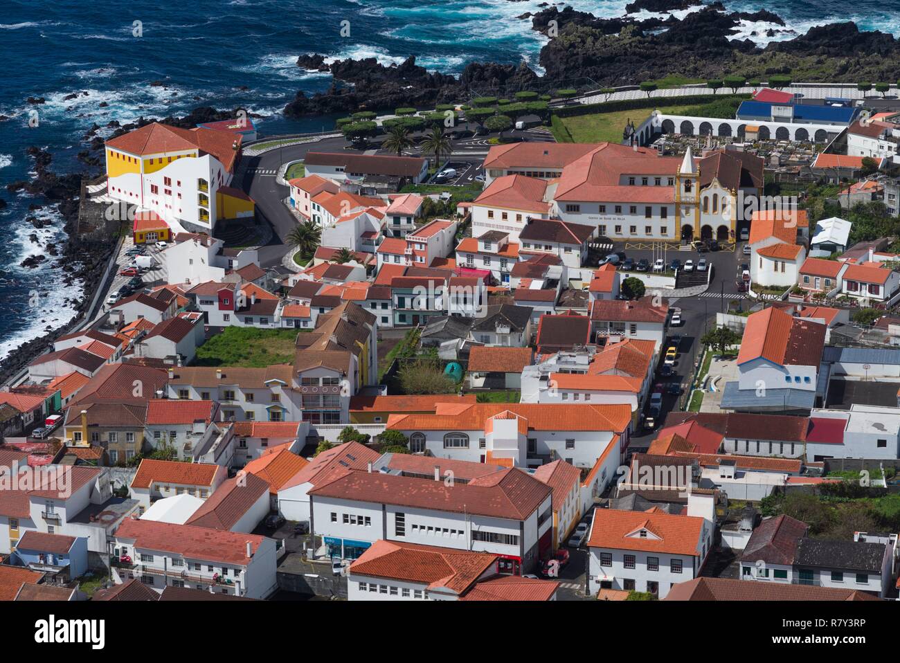 Portugal, Azores, Sao Island, Velas, elevated town view Stock