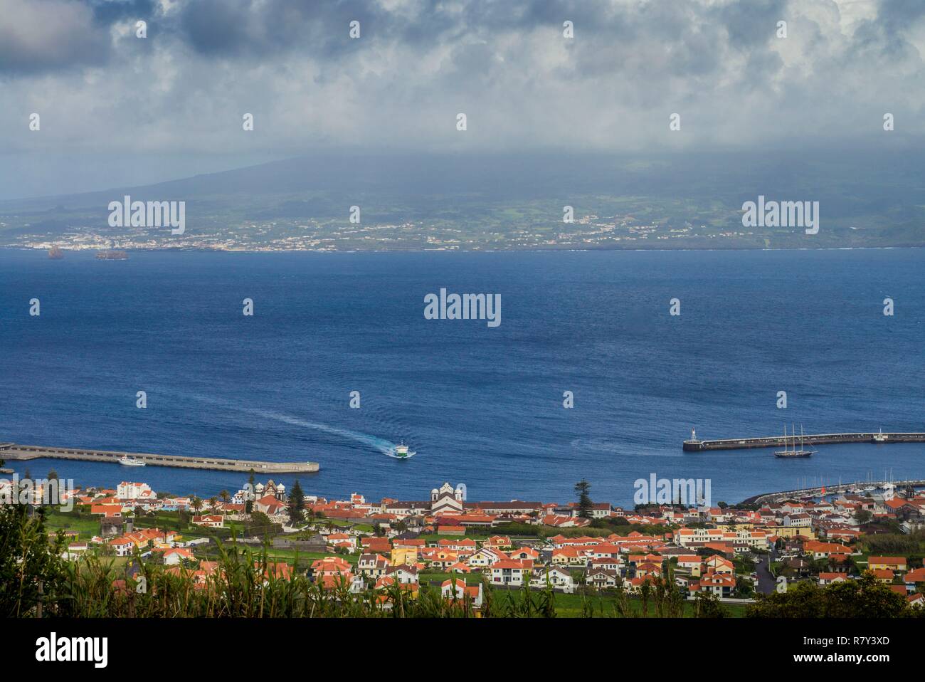 Portugal, Azores, Faial Island, Horta, elevated town view with Pico