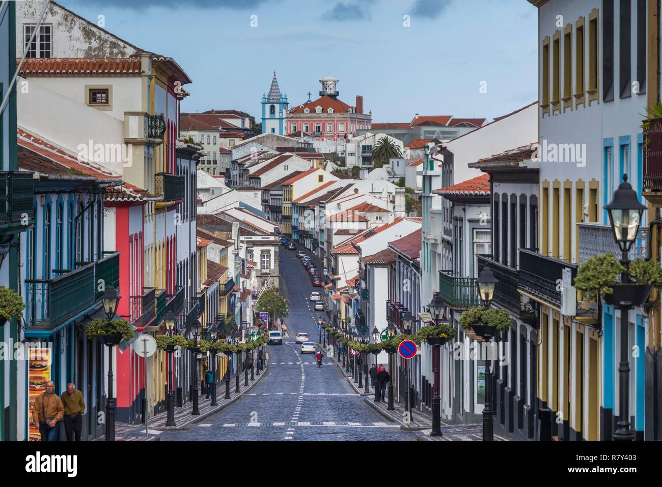 Portugal, Azores, Terceira Island, Angra do Heroismo, Rua da Se street Stock Photo