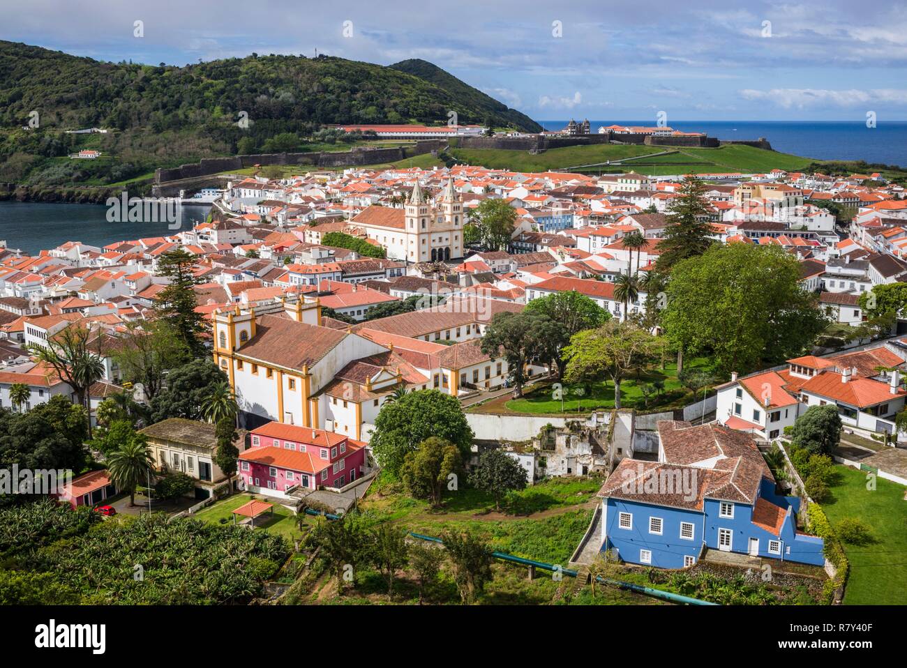 Portugal, Azores, Terceira Island, Angra do Heroismo, elevated view from Alto da Memoria park Stock Photo