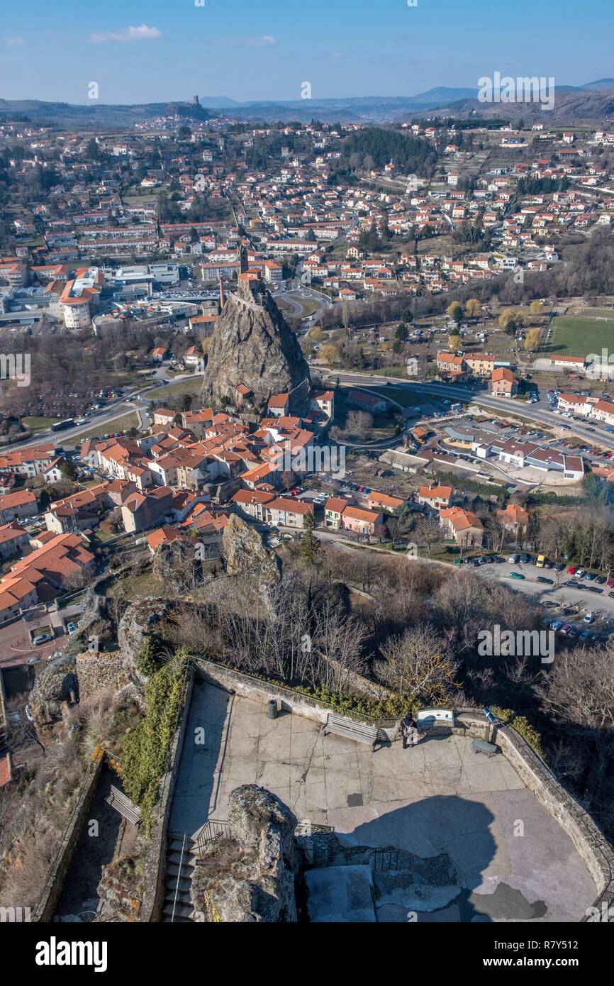 France, Haute Loire, Le Puy en Velay, a stop on el Camino de Santiago listed as World Heritage by UNESCO, Saint Michel d'Aiguilhe Chapel situated on the top of volcanic rock Stock Photo