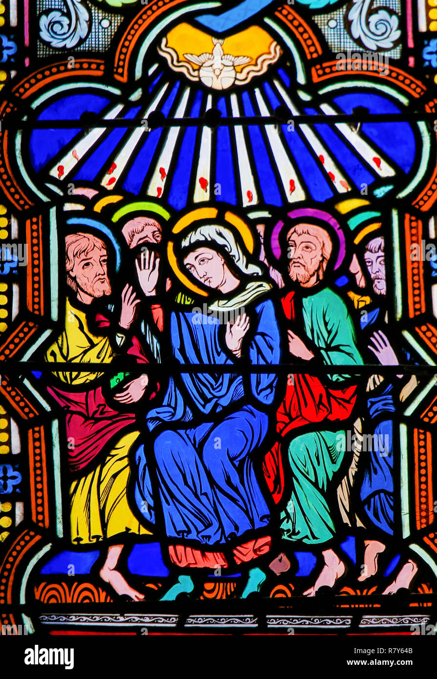 Stained Glass in the Cathedral of Monaco depicting Mary and the Apostles at Pentecost Stock Photo