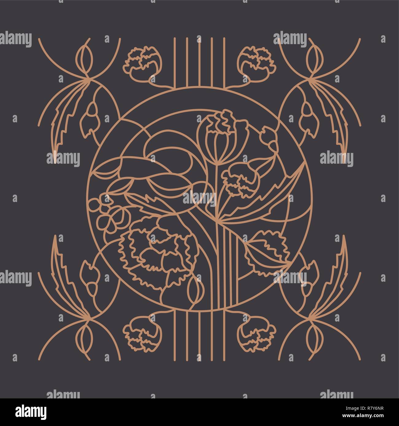 Gold floral ornament on dark background for stained glass window in the Modern style, could be use for tattoo, coloring book, iron window lattices. Stock Vector