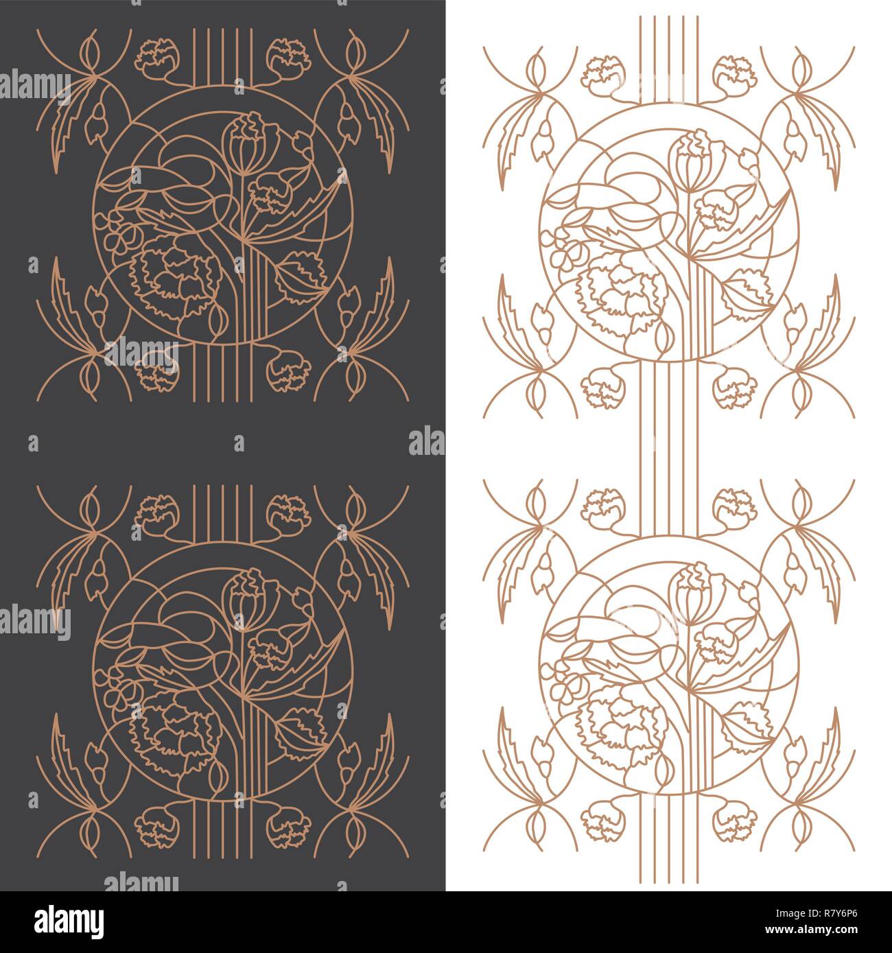 Gold floral ornament set on white and dark background for stained glass window in the Modern style, for coloring book, iron window lattices Stock Vector