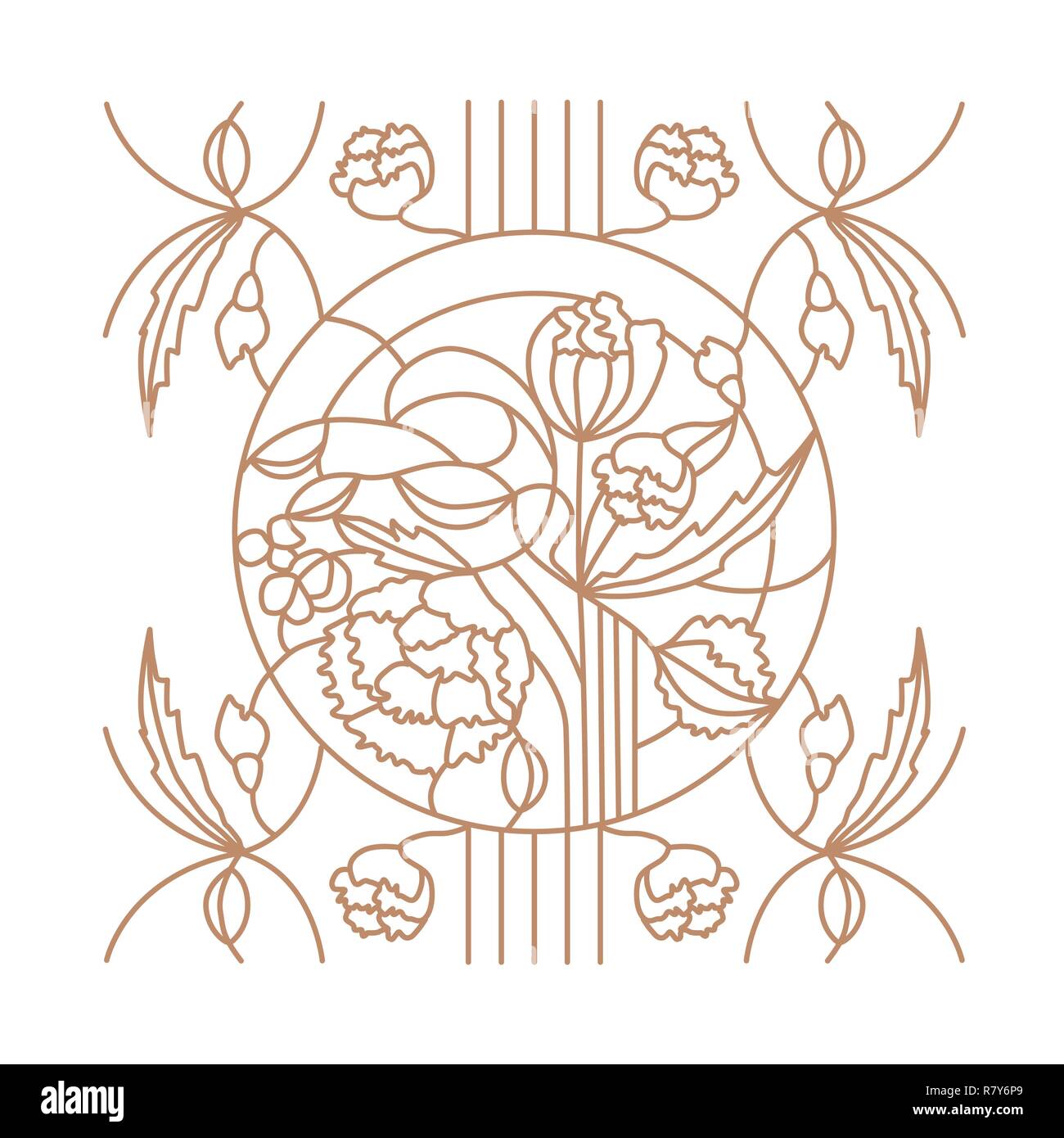 Gold floral ornament on white background for stained glass window in the Modern style, for tattoo, coloring book, iron window lattices. Stock Vector