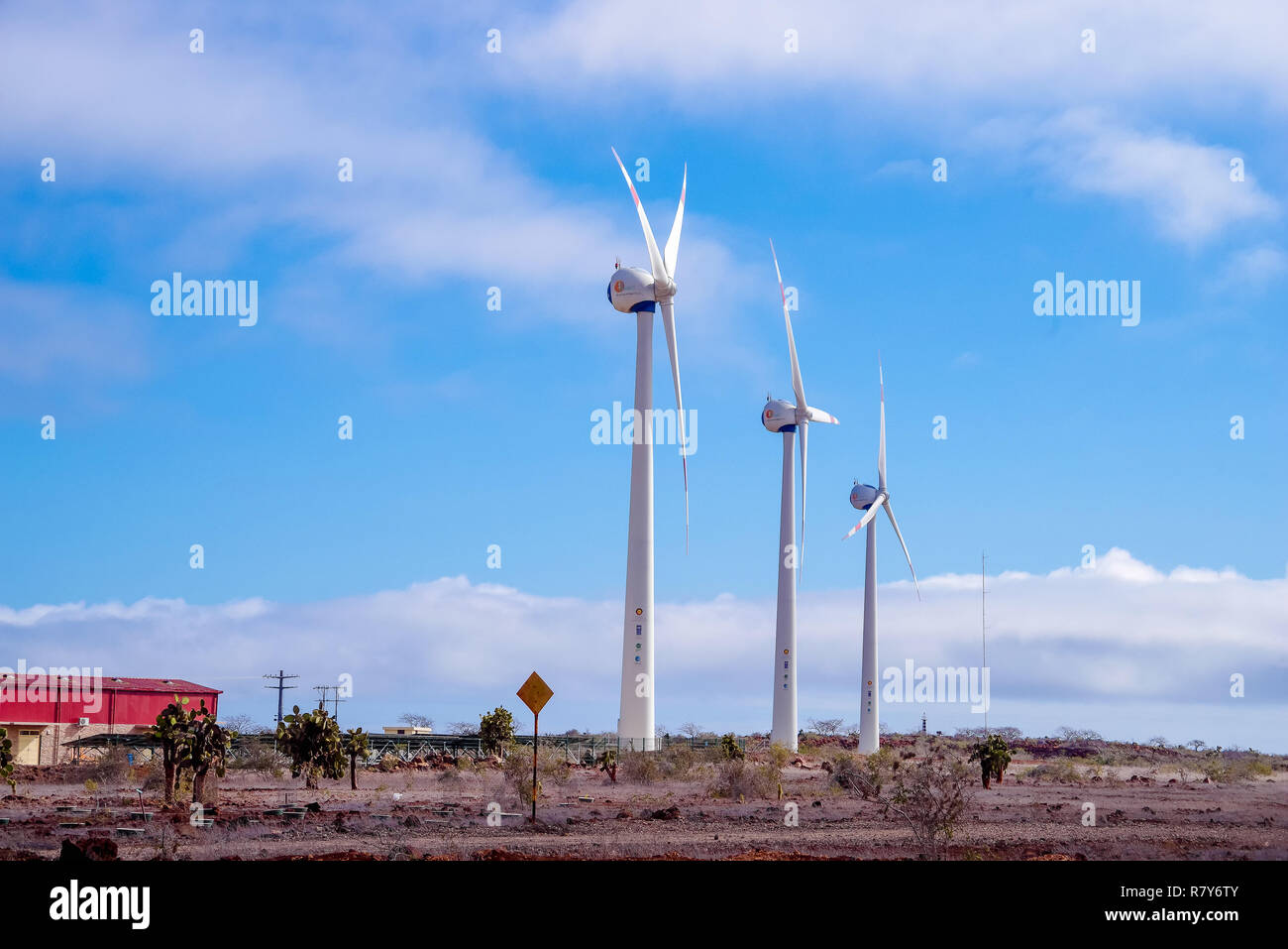 BALTRA, ECUADOR - NOVEMBER 11, 2018: Wind turbines supply energy to Baltra airport, the main one of the Galapagos Islands and the one considered more ecological in the world Stock Photo