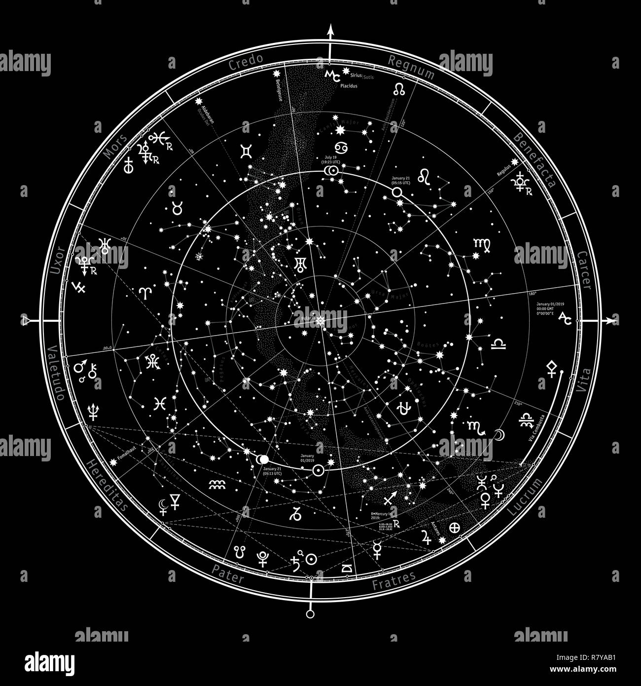 Astrological Celestial map of Northern Hemisphere: Horoscope on 2019. Detailed outline chart with symbols and signs of Zodiac, planets, asteroids etс. Stock Photo