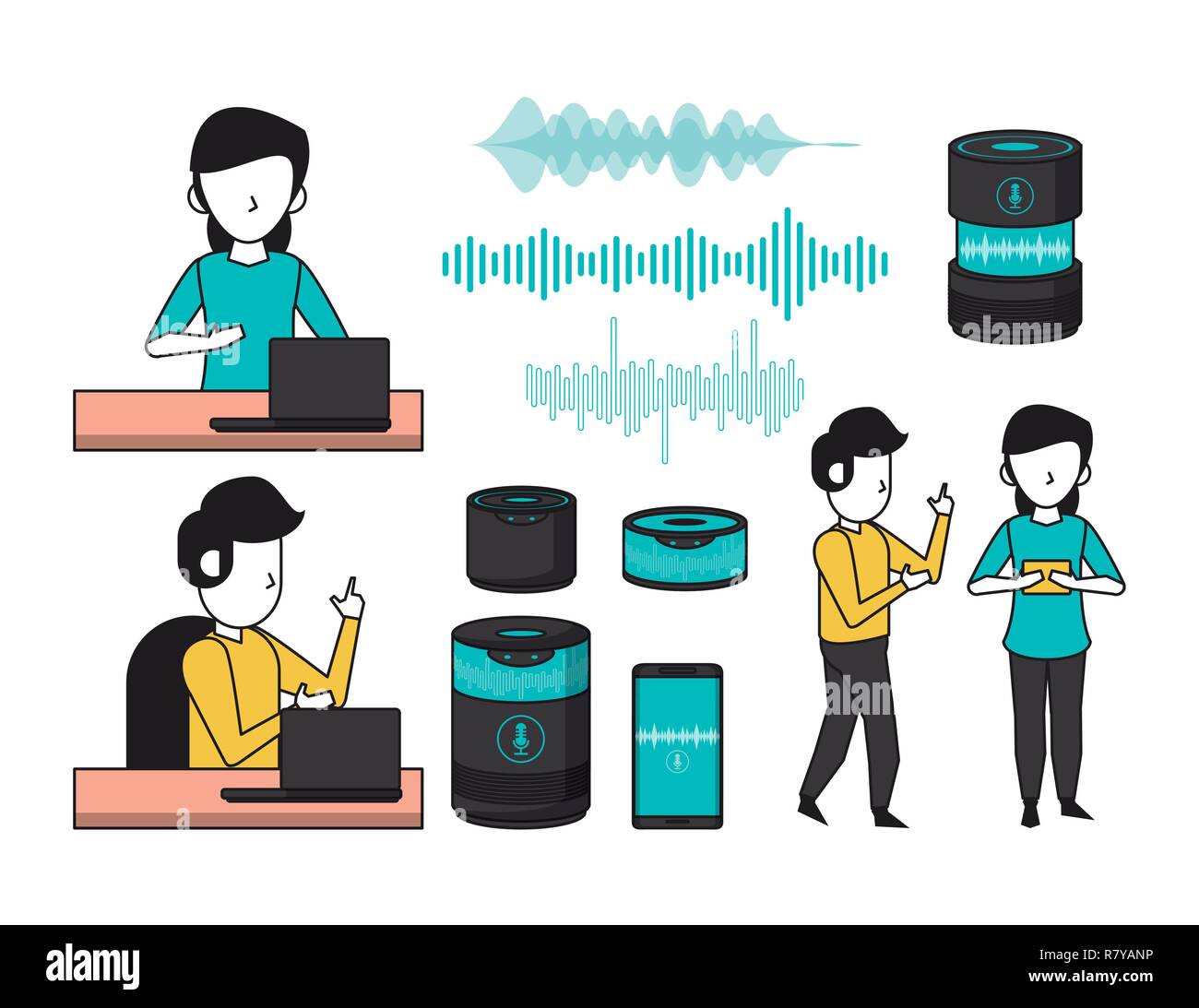 set wireless speaker and people using technology Stock Vector