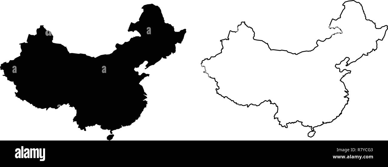 Simple (only sharp corners) map of China vector drawing. Filled and outline version Stock Vector