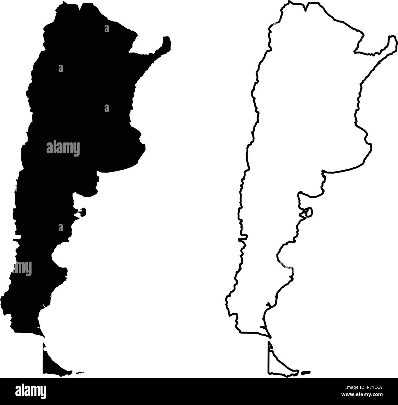 Simple (only sharp corners) map of Argentina (Argentine republic) vector drawing. Mercator projection. Filled and outline version. Stock Vector