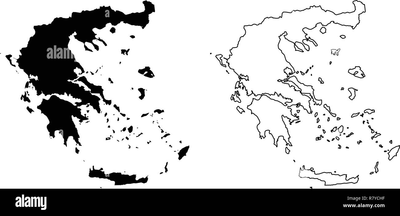 Simple (only sharp corners) map of Greece vector drawing. Mercator projection. Filled and outline version. Stock Vector