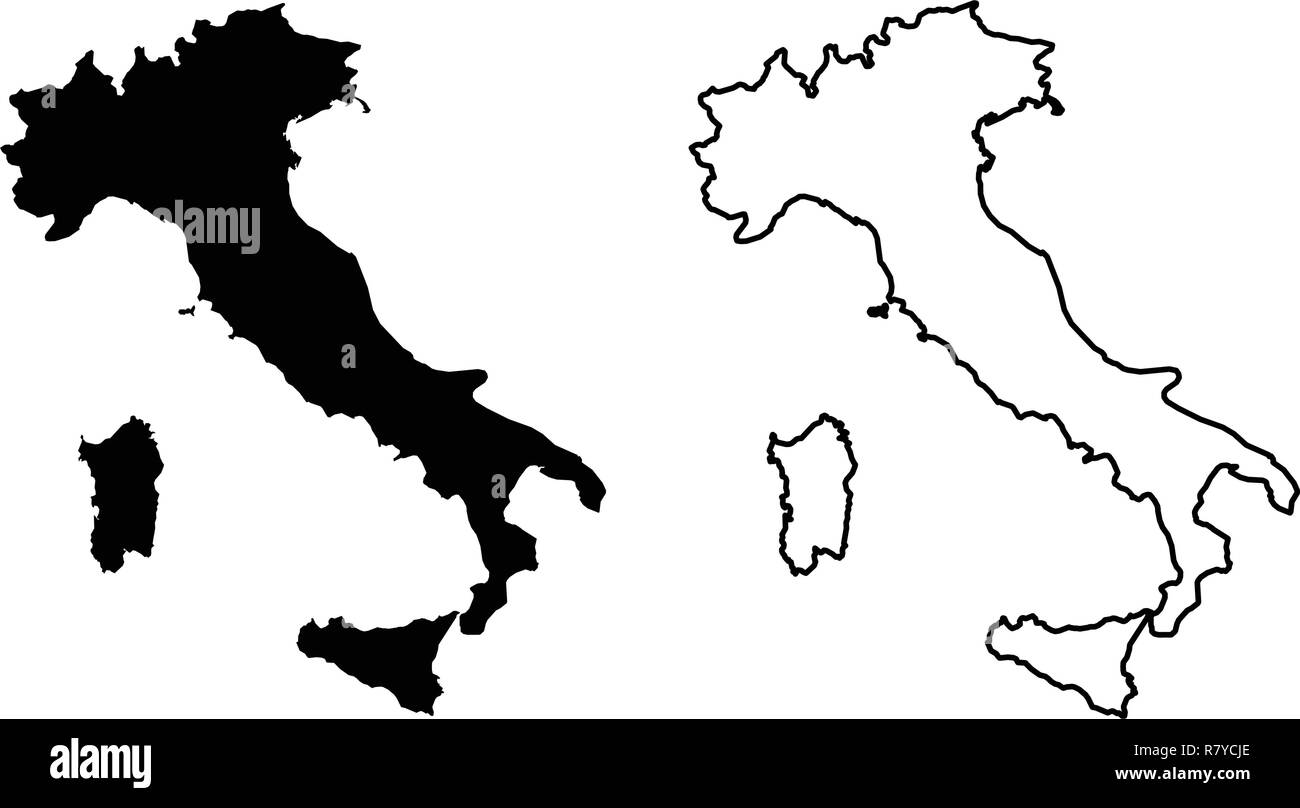 Simple (only sharp corners) map of Italian Republic vector drawing. Mercator projection. Filled and outline version. Stock Vector