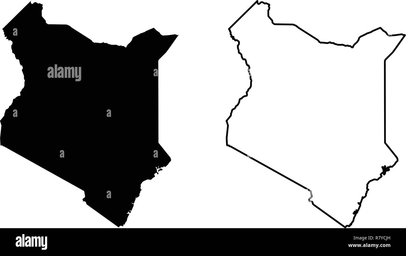 Simple (only sharp corners) map of Kenya vector drawing. Mercator projection. Filled and outline version. Stock Vector